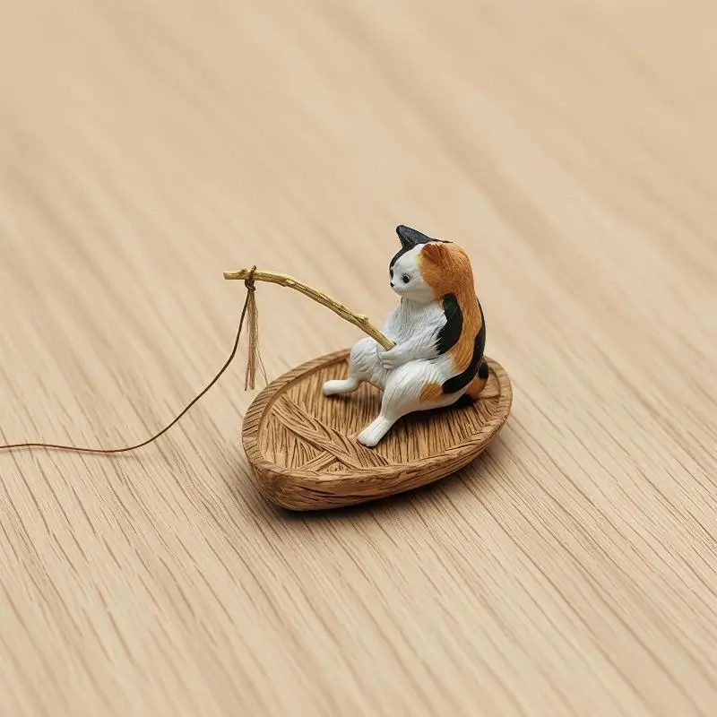 1Pcs Cat Fishing Boat Resin Ornament Ideal for Lively Aquarium and Fish Tank Setting