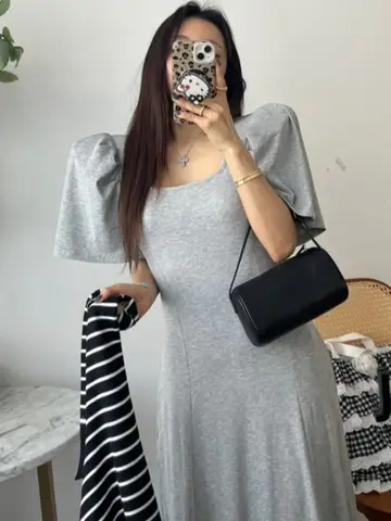 우아한 간단한 스퀘어 칼라 버블 슬리브 드레스 여성 슬림 맞는 순수한 컬러 롱 드레스 여름 새로운 스타일 유행 드레스