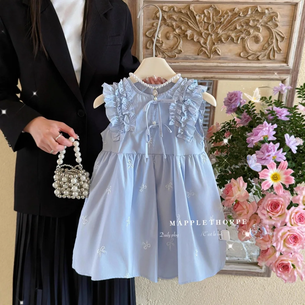 

Новое летнее элегантное платье для девочек с бантом и рюшами, без рукавов, в стиле принцессы, милое повседневное платье для девочек ростом 90-140 см