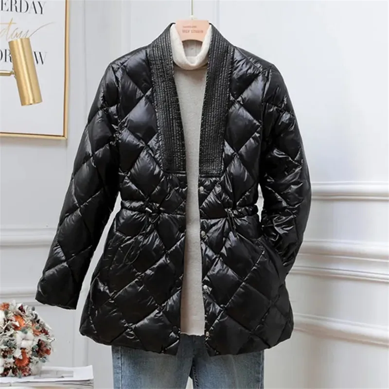 Outono inverno novo losango leve para baixo jaqueta feminina mid-length coreano cintura fina casual casaco quente parkas outwear