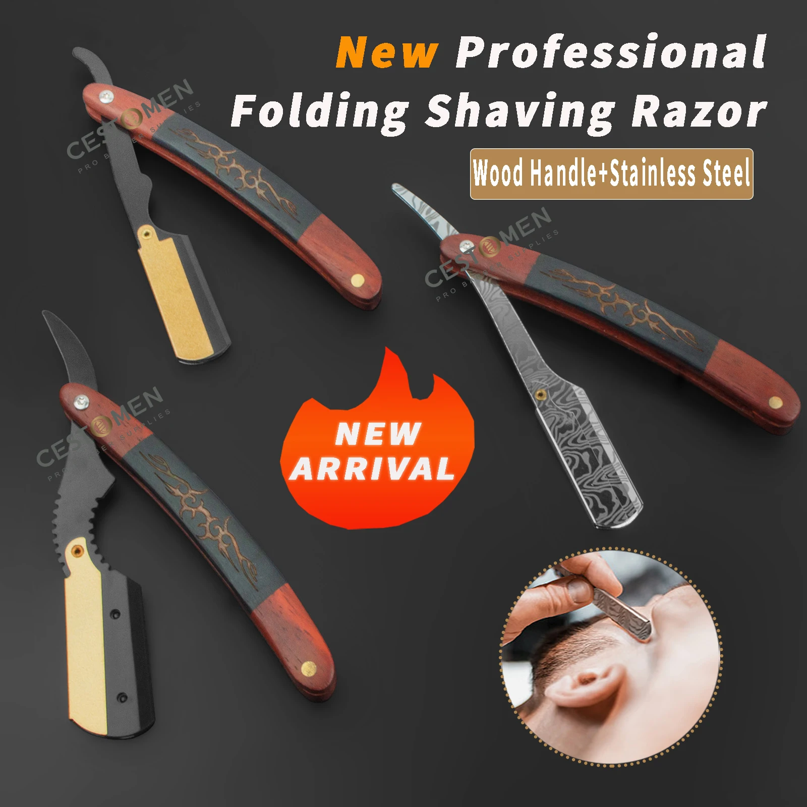 New Type Stainless Steel Barber Folding Razors Holder Wood Handle Straight Edge Safety Razor Household Manual Beard Shaving Tool