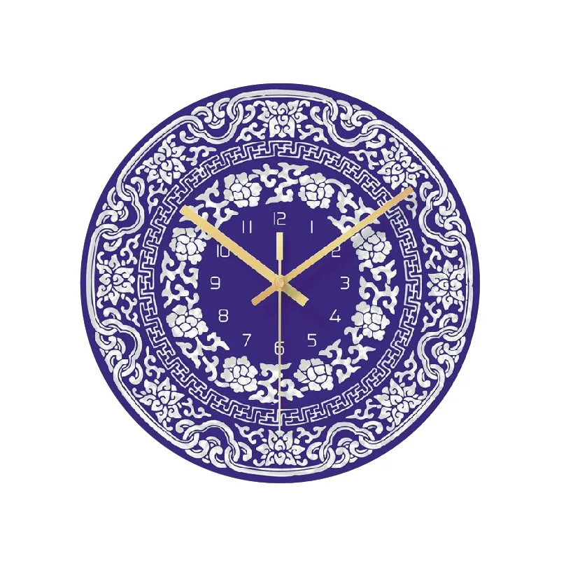 Supporto per orologio in vetro porcellanato blu e bianco con semplicità personalizzata e orologio da parete artistico colorato