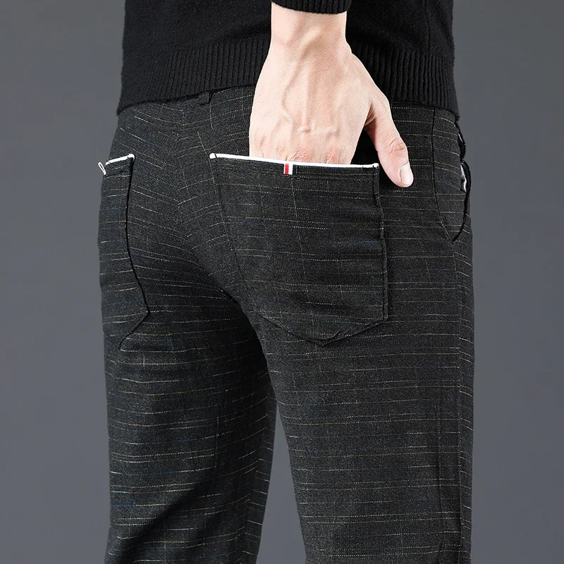 

Autumn Winter Brushed Men's Slim Trousers Imitation Cotton Linen Elastic Small Straight Plaid Business Casual Black Trousers