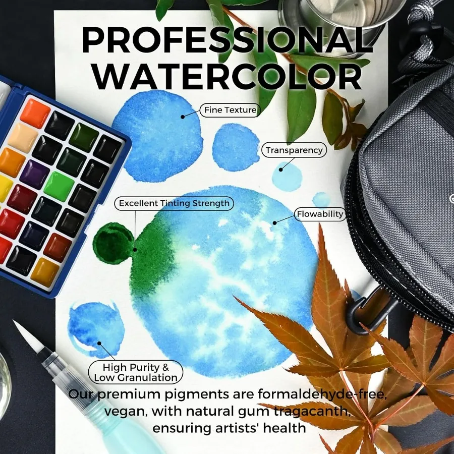 ชุดสีน้ำสำหรับเดินทางแบบออลอินวันขนาดกะทัดรัด 24 สี พร้อมกระเป๋าคาดลำตัว สมุดบันทึกสีน้ำ ถ้วยน้ำสำหรับผสมสี และปากกาขนาดพกพา