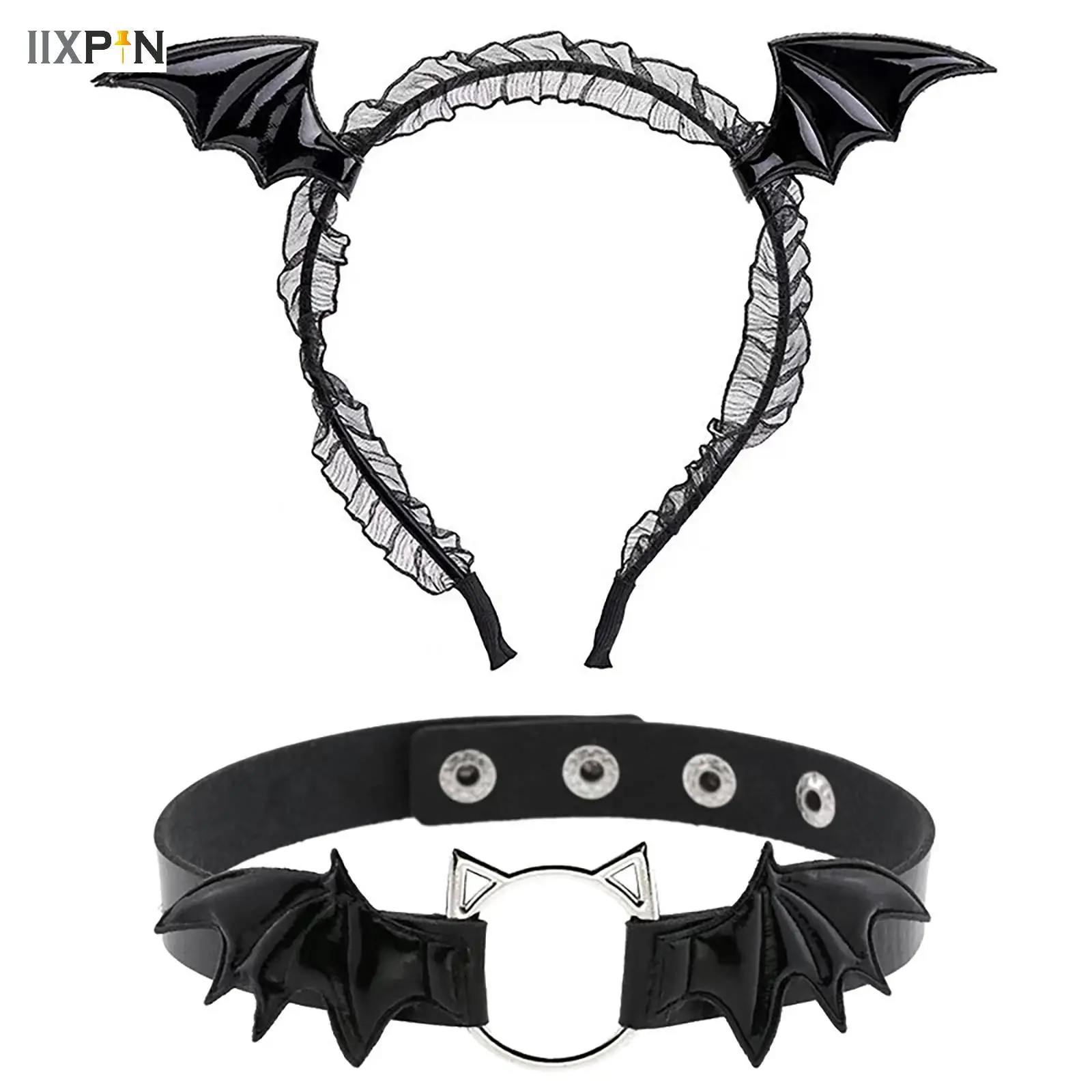 Gothic Hair Hoop Bat Wing Headband Set Bat Necklace Choker Performance Headdress Halloween Cosplay Party Hair Accessories Set