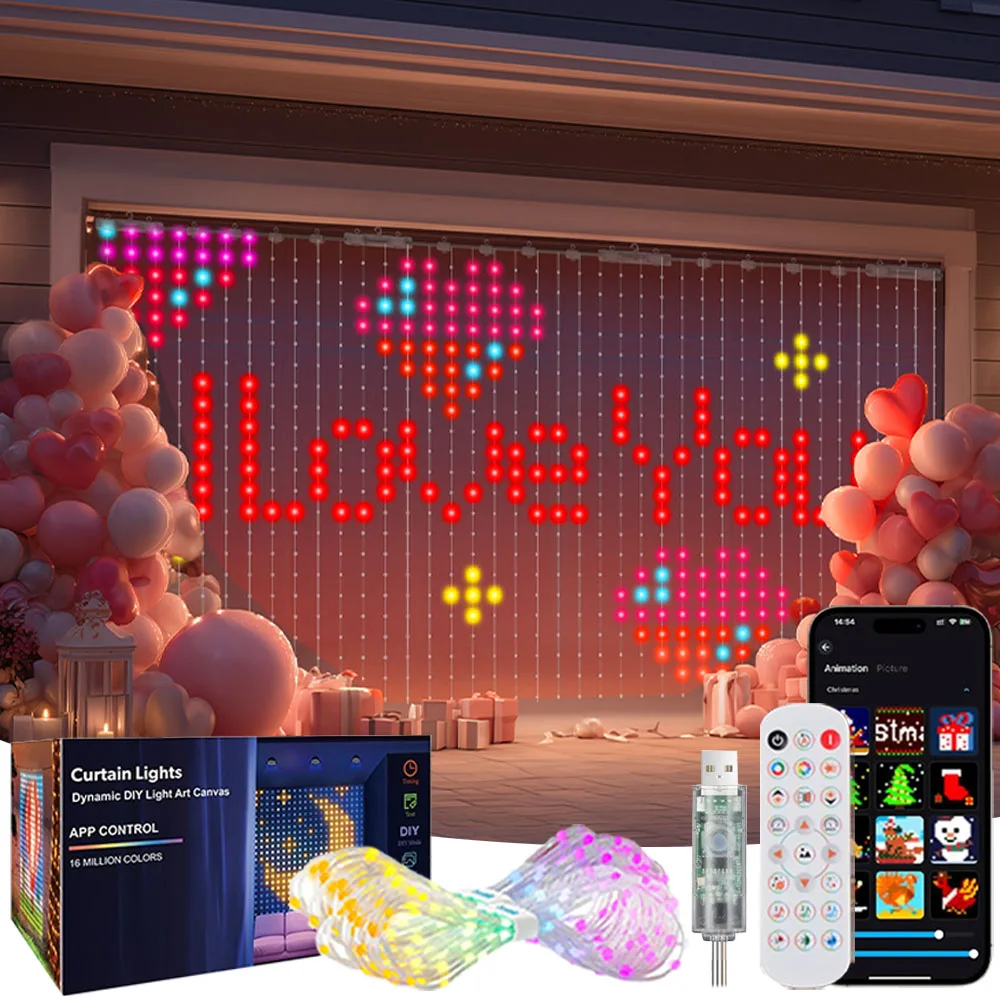 Smart LED Curtain Light APP Control RGB Dimmable DIY Pattern Music Valentine's Day Lighting for Home Holiday Party Decor
