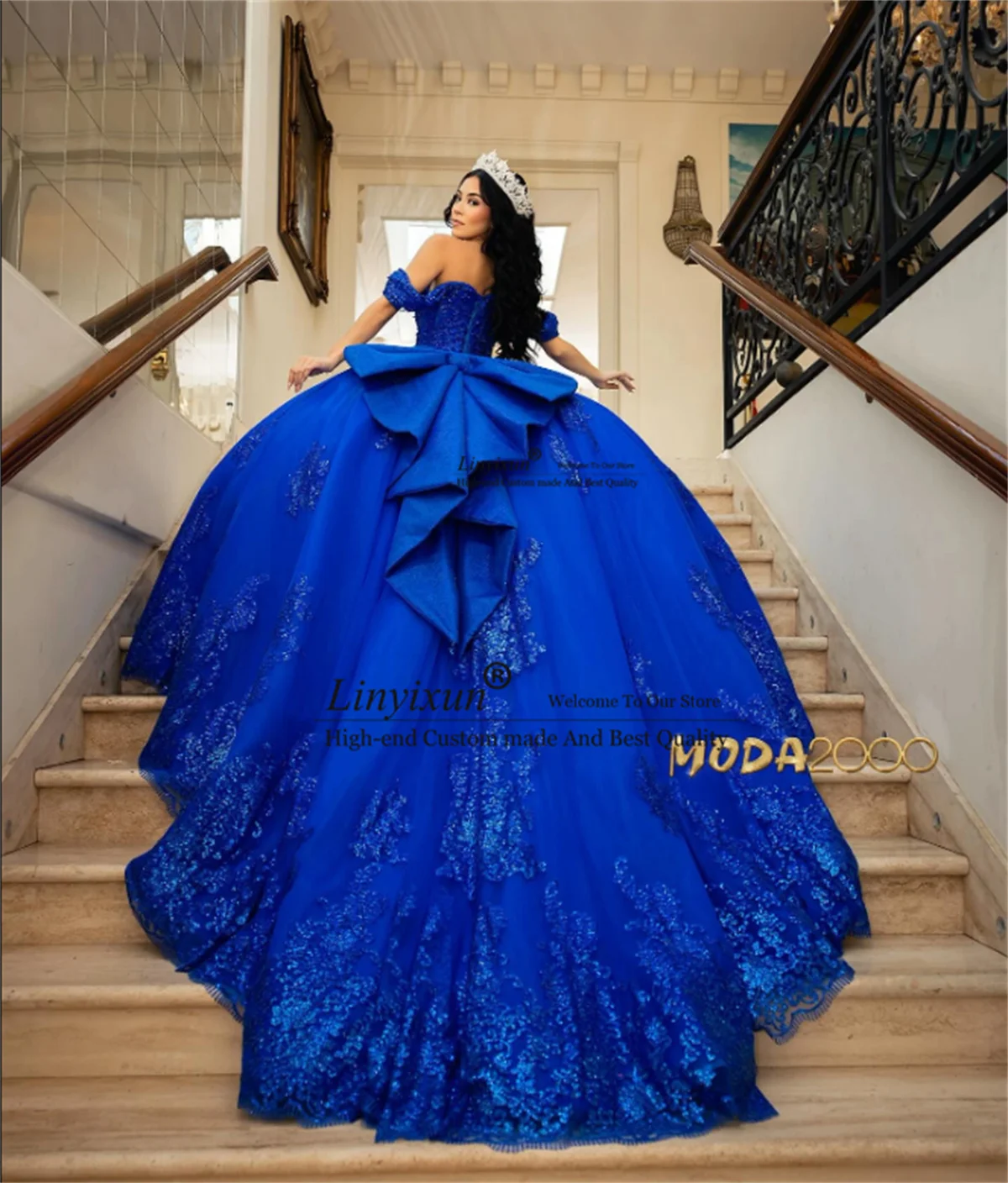 

Glitter Royal Blue Quinceanera Dress Ball Gown Sequins Applique Crystals Beaded Bow Sweet 16 Birthday Vestidos De 15 Anos