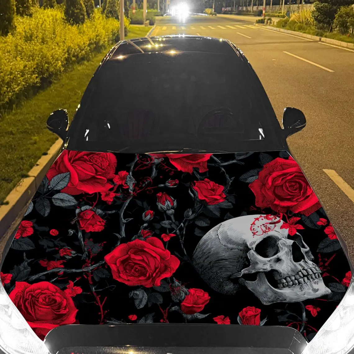 Dark Gothic Bold Skull-Rose Car Hood Sticker,Waterproof Self-Adhesive Vinyl Graphics Decals,Decorative Auto Accessories Stickers
