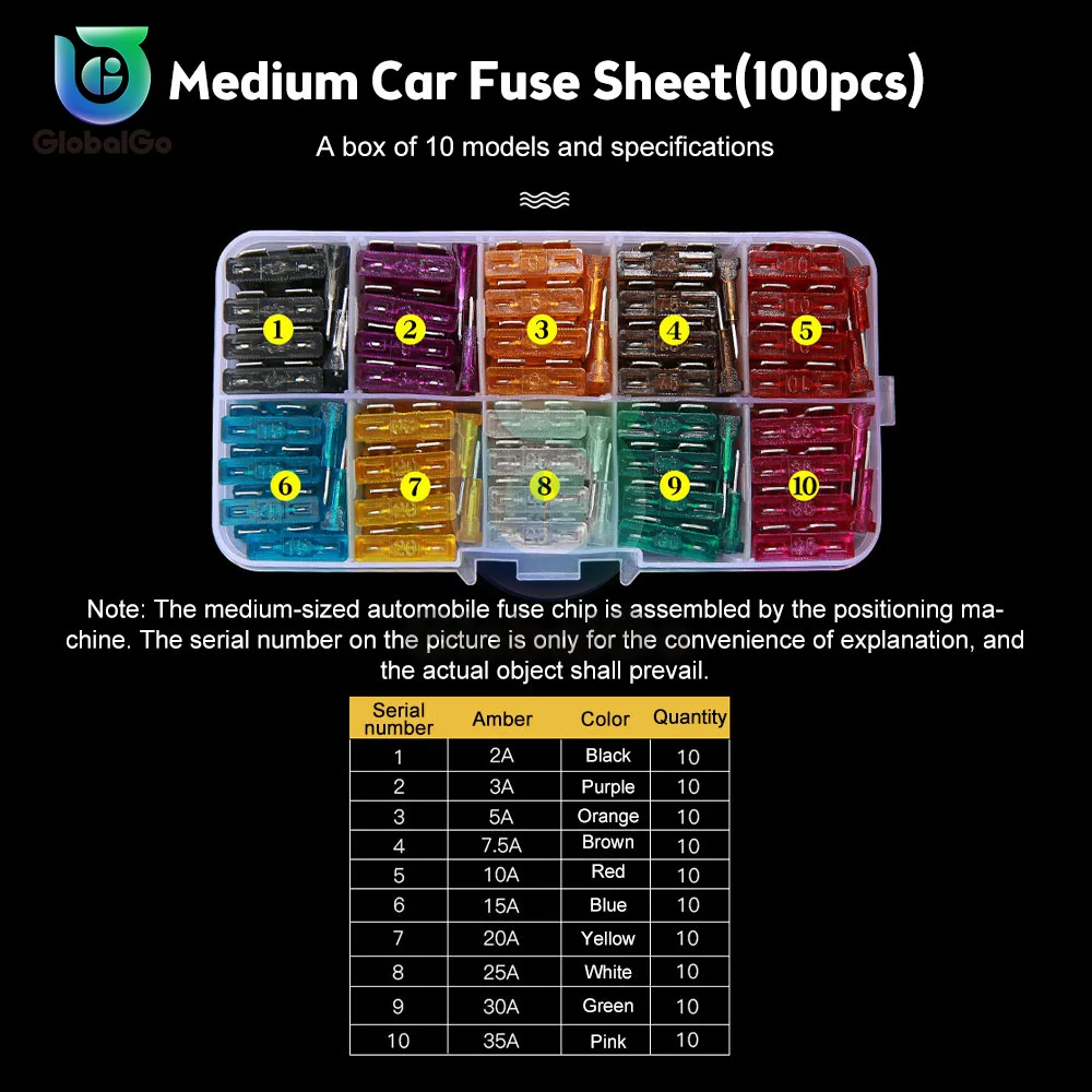 50pcs 100pcs 2/3/5/7.5/10/15/20/25/30/35A Car Fuse Assortment Assorted Kit Car Blade Fuse Blade Set Auto Truck Automotive Fuse