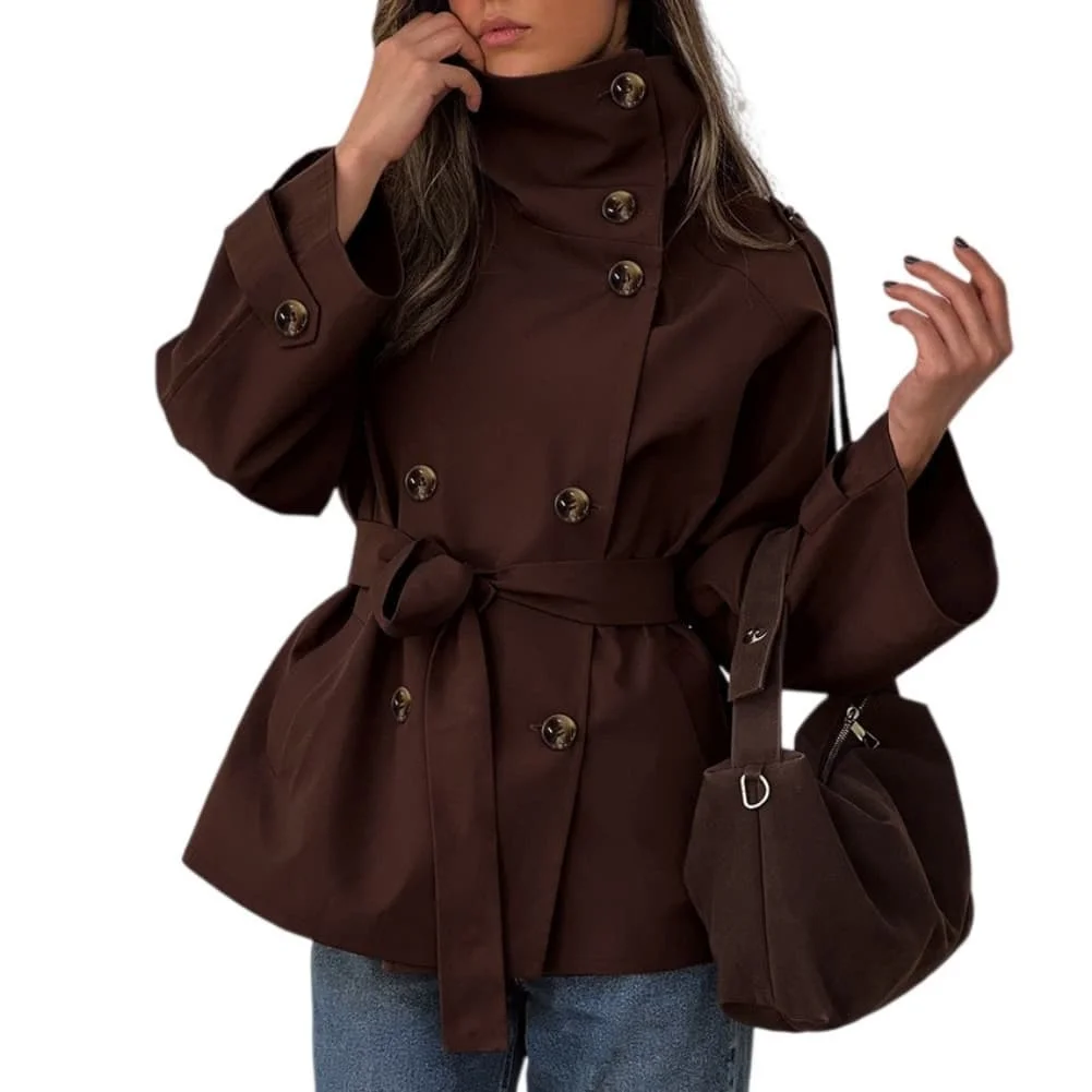 Retro-Style Cropped Jacket for Women Featuring Stand-Up Collar Double-Breasted Closure Belted Waist and Polyester Fabric