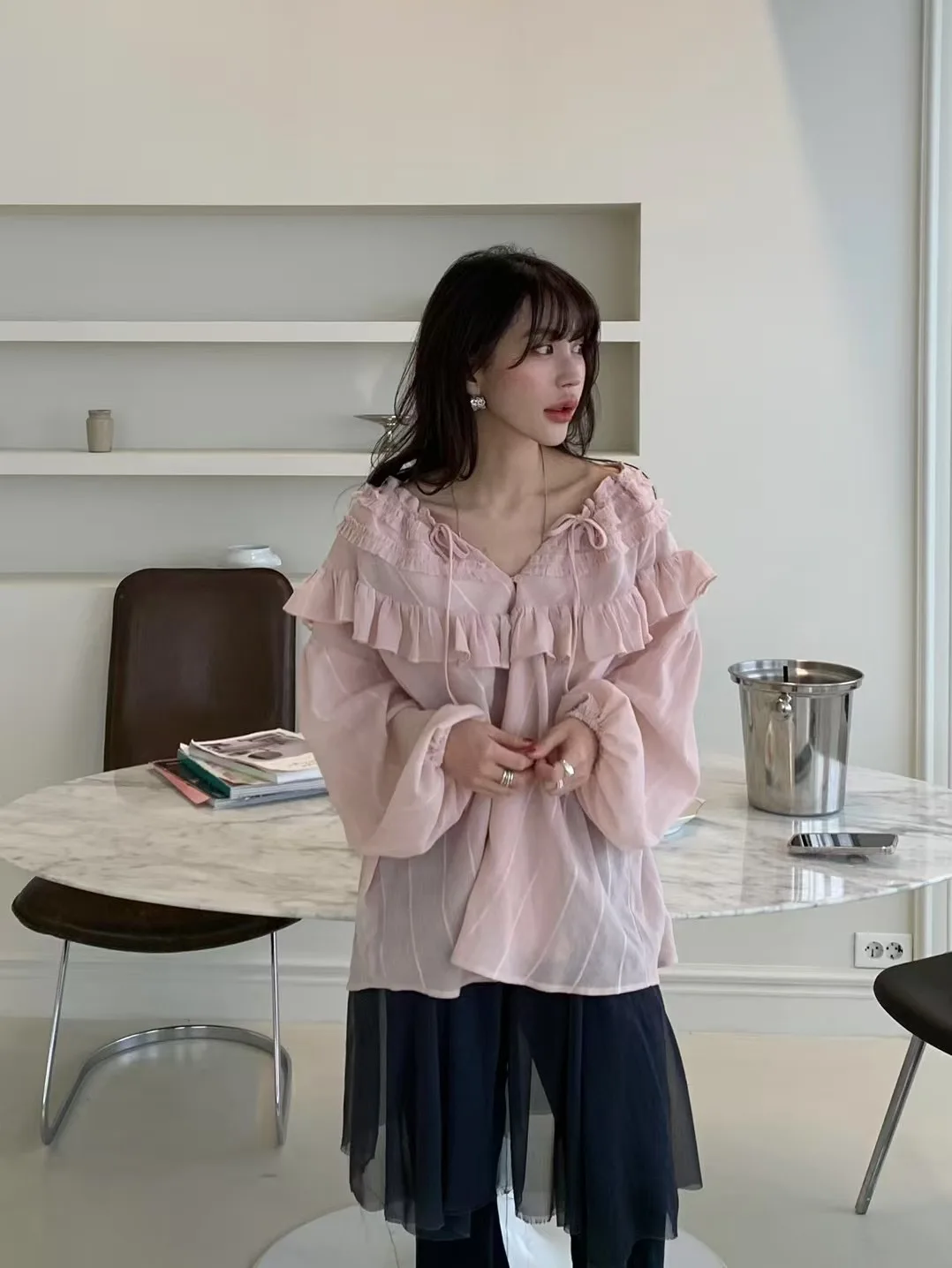 

3Colors Spring Autumn 2026 women's Korean Sweet style Single Breasted patchwork shirts women Loose tops outwear Ruffle Blouses