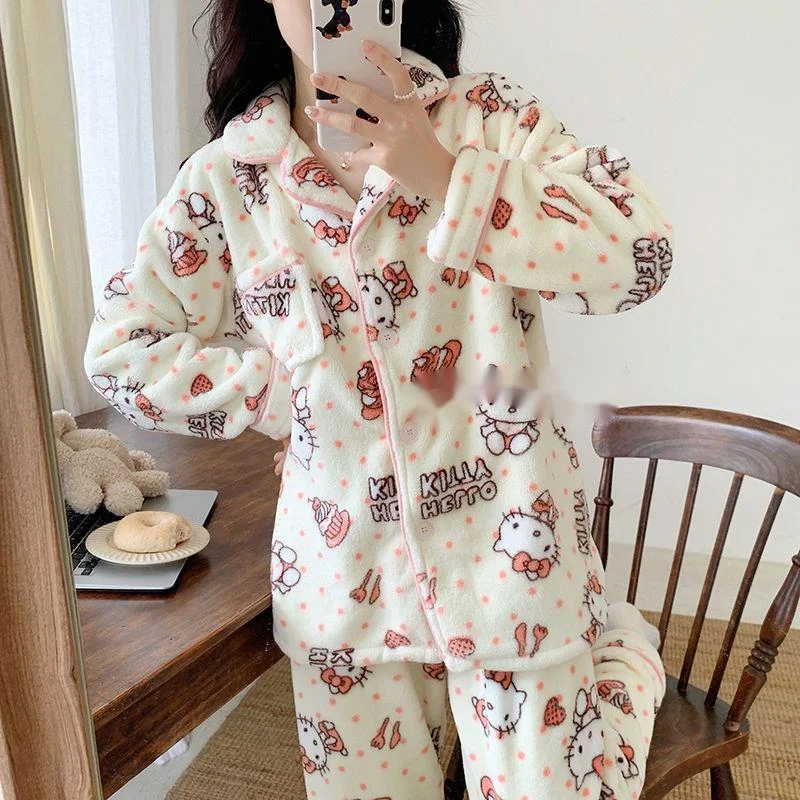 New Sanrio Hello Kitty Kawaii Pajamas Set Women Autumn Winter Plush Warm Sleepwear Cute Clothes Long Sleeve Thick Home Suit Tops