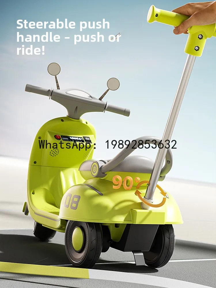 دراجة نارية كهربائية للأطفال بثلاث عجلات، سيارة أطفال تعمل بالتحكم عن بعد قابلة لإعادة الشحن مع سلة خلفية ومقعد دفع