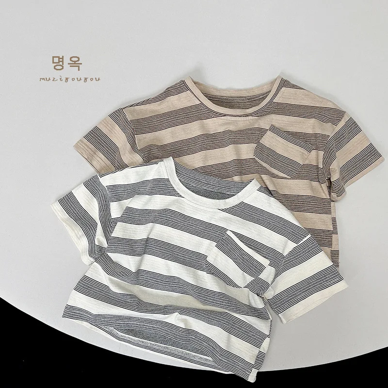 

HZMY-2024Summer New Children's Short Sleeve StripesTT-shirt Boys and Girls Mori Style Kids' Tops Baby Japanese Trendy Child