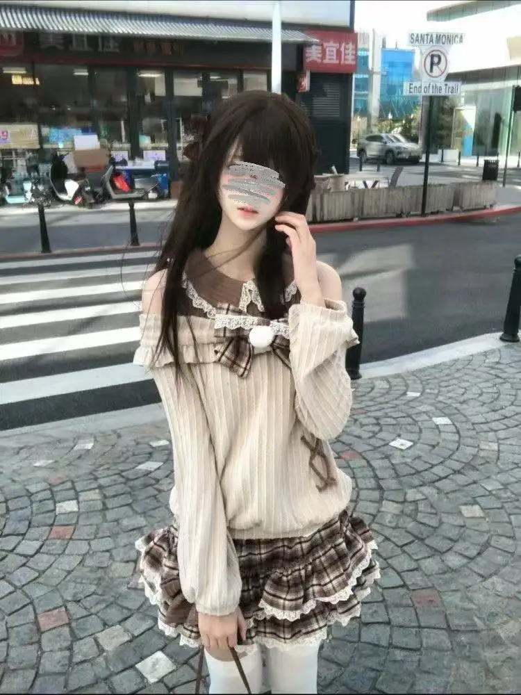 Japanese Sweet Lolita 2 Piece Set Women Bow Off-the-shoulder Tops + Lace Cake Skirts New Lovely Fashion Lolita Slim Winter Suits image 2
