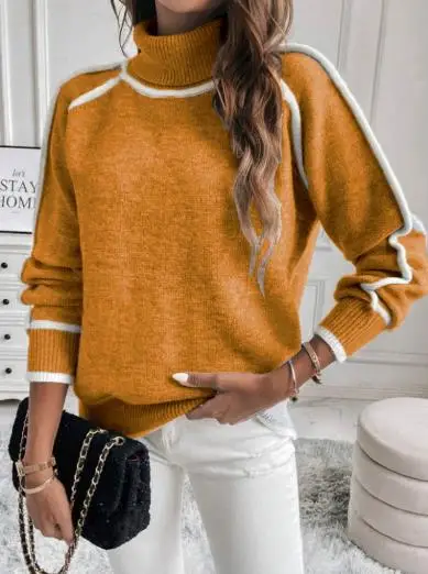 Suéter versátil informal suelto bloqueado de Color de cuello alto de invierno para mujer, suéter de punto suelto informal y de moda