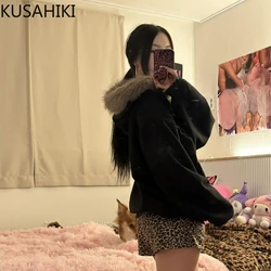 KUSAHIKI Retro Fur Collar Zipper Cardigan Versatile Fit Slimming Top Hooded Sweatshirt Jacket for Women