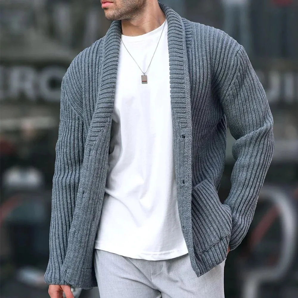 Buttoned Knitted sweater coat for Men, V-Neck Coats, Long Sleeve, Vintage Clothing, Slim and Thick, Warm Outwear, Winter Fall