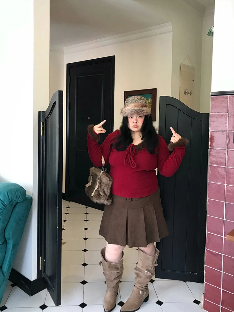 

Onism plus Brown Belted Midi Skirt Women's plus Size Elastic Waist Pleated Skirt City Commute Casual Daily Youth Fashion