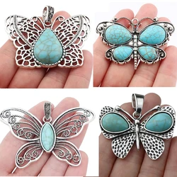ZXZ 2pcs Tibetan Silver Large Imitation Turquoise Stone Butterfly Insect Charms Pendants For Necklace Jewelry Making Findings