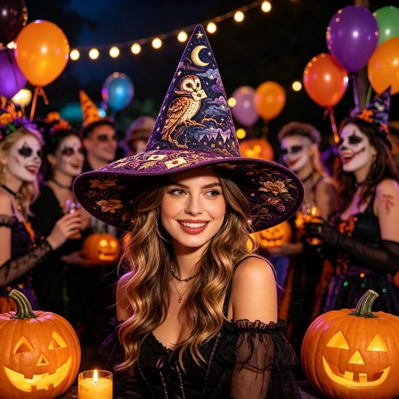 Customization Halloween Quilted Witch Hat, Owl Moon Star Floral Enchanted Wizard Hat, Printing-Style Pointed Witch Hat, Spooky F