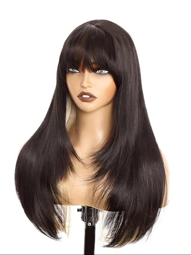 

Black Conceals Blonde Wig Straight Layered Lace Front Wig With Bangs 13x4 Synthetic Heat Resistant On Clearance Sale For Women