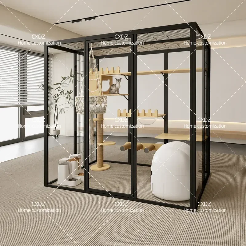 Cat Villa Aluminum Alloy  Cabinet  Nest Solid Wood Luxury Large Space House  Cage Glass Display Cabinet Cat Room