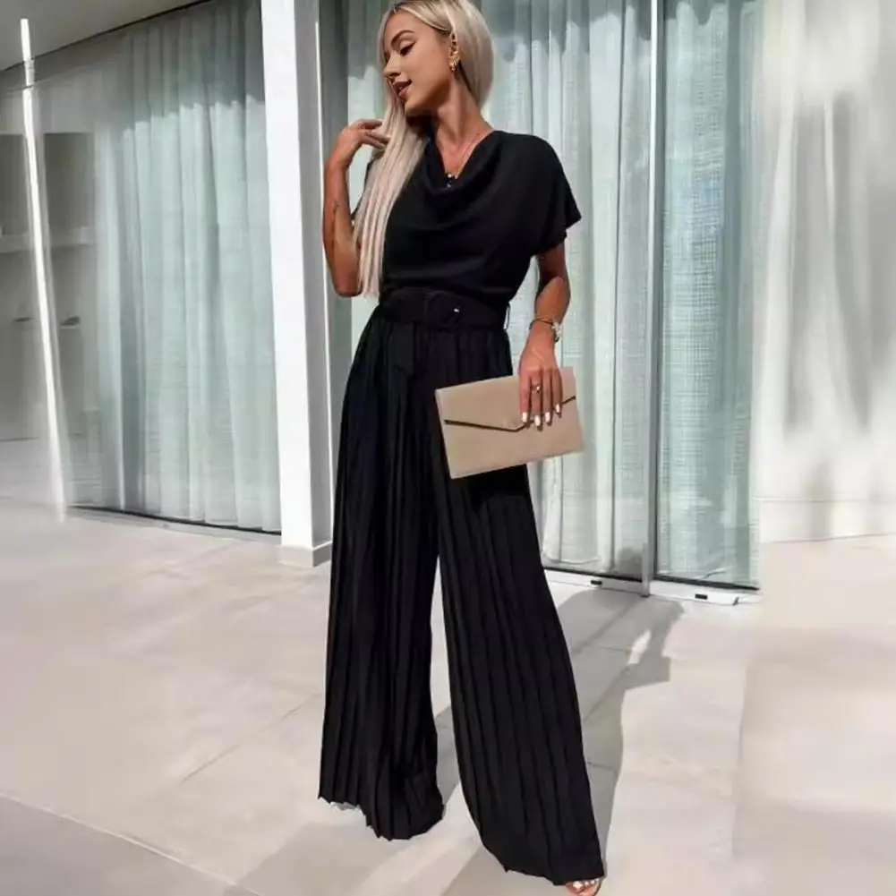 Formal Occasion Jumpsuit Elegant Women's Wide Leg Jumpsuit with Belted Waist Pleated Collar for Formal Occasions Office Wear