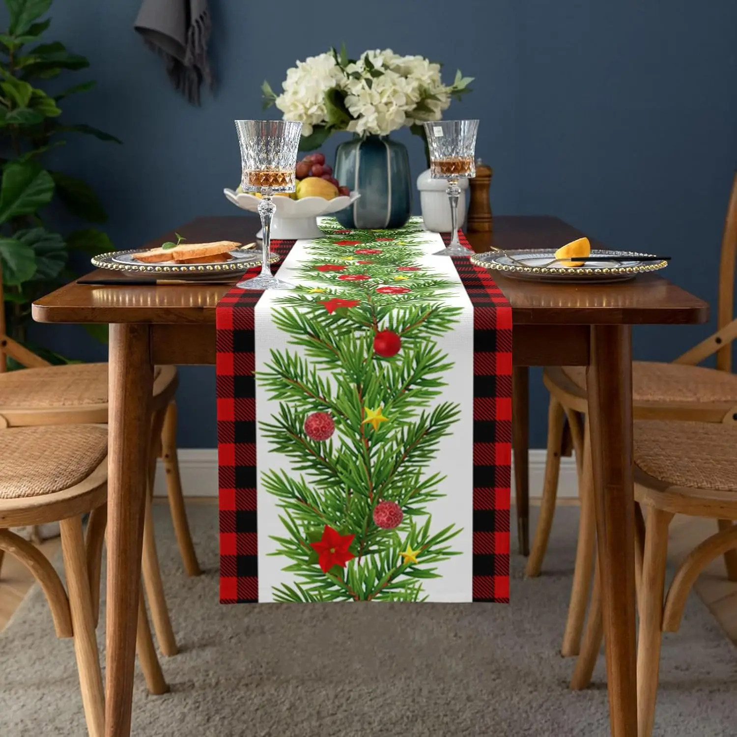 Christmas Pine Needles Red Berry Plaid Linen Table Runner Party Decor Winter Kitchen Dining Table Runners Christmas Decorations