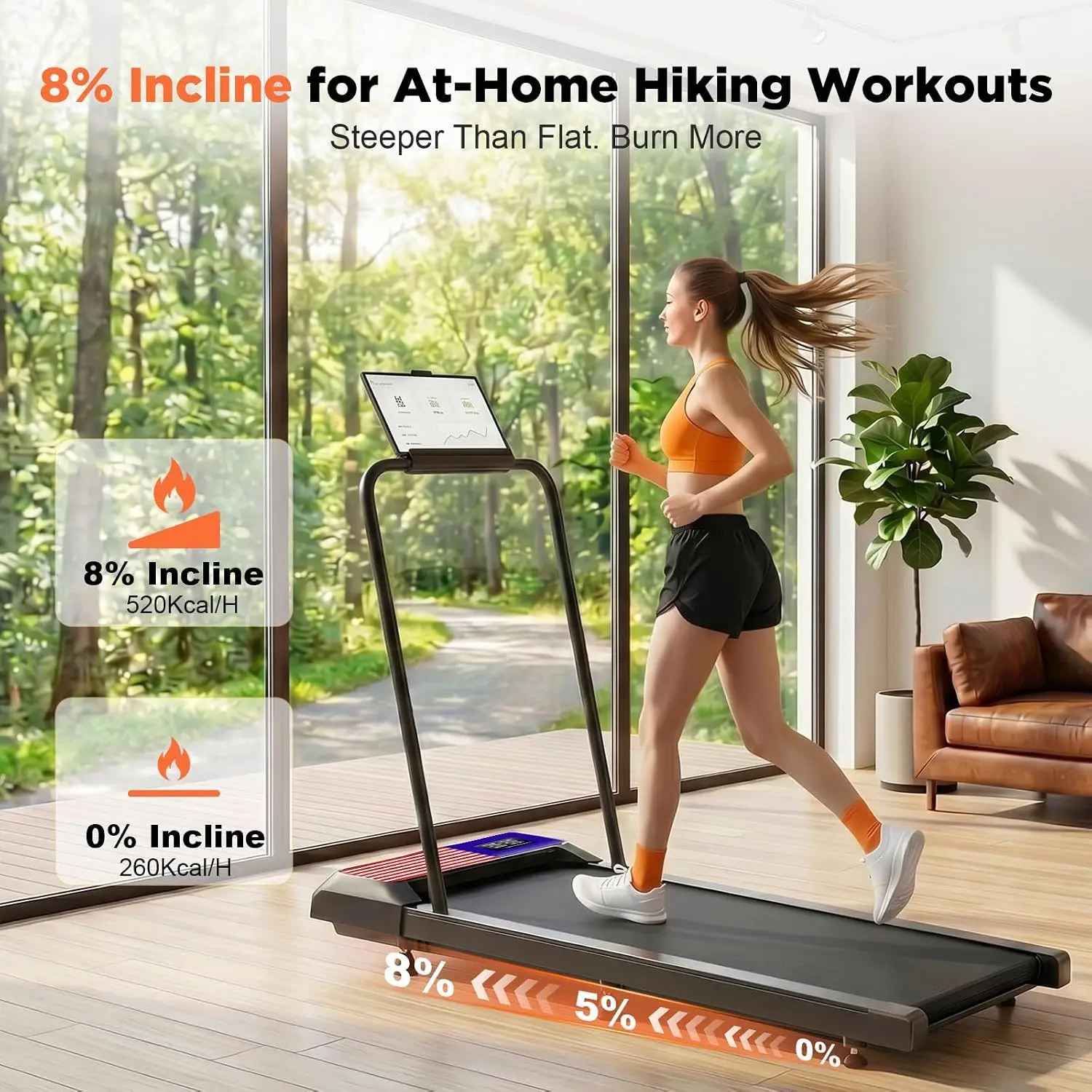 Compact Under Desk Walking Treadmill Pad with 8% Incline and Handle Bar - 4-in-1, 265 lbs Capacity, App & Remote Control, Quiet Space-Saving Design for Home Office and Apartment