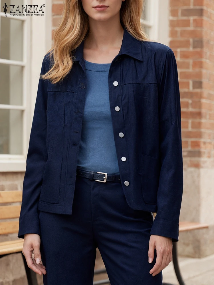 

ZANZEA женские осенние джинсовые куртки 2025 повседневные пальто модная верхняя одежда с воротником с лацканами и длинными рукавами винтажные топы с карманами на талии верхняя одежда