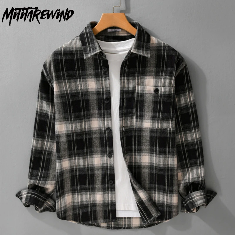 

Новые осенне-зимние мужские рубашки, японские клетчатые рубашки в стиле ретро для мужчин, удобная рубашка с начесом и карманами, молодежный повседневный топ, высокое качество