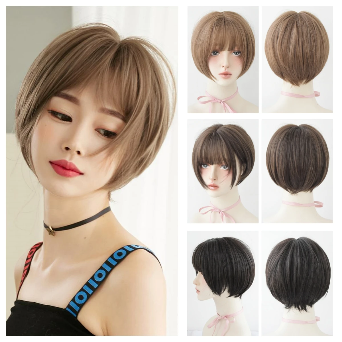 

32CM Wig Woman Short Bob Hair Air Bangs Brown Full Head Cover Short Broken Hair Natural Simulation Chemical Fiber Hair Party Wig