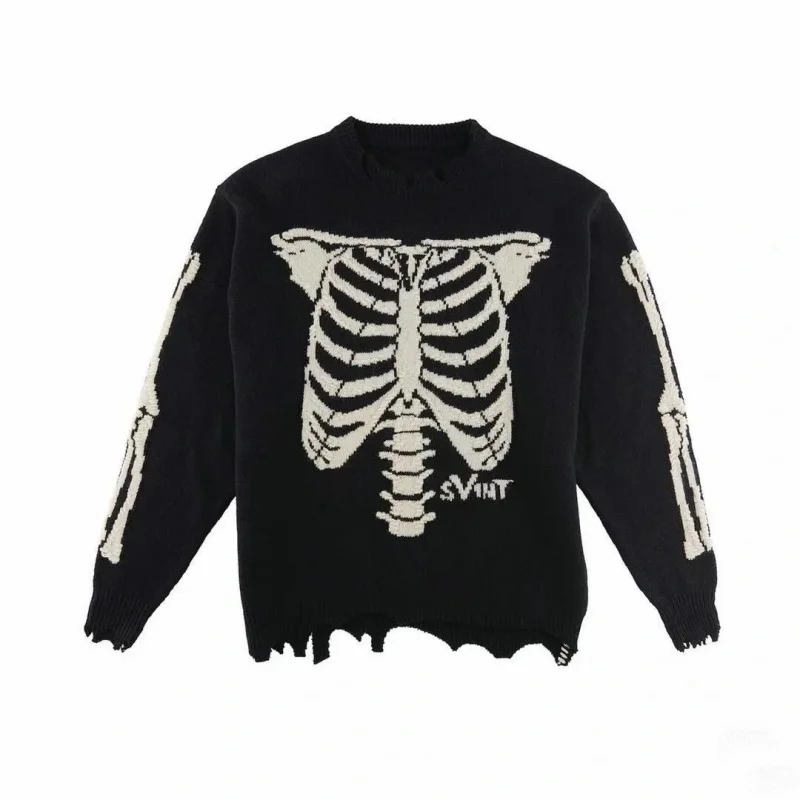 

Dark Gothic Skeleton Sweater Men Oversized Casual Retro Distressed Knitwear Loose Fit Autumn Winter Clothing