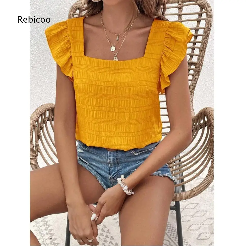 Square Neck Smocked Crop Top For Women Ruffle Short Sleeve For Easy Pairing With Denim Shorts And Daily Street Style Outfits