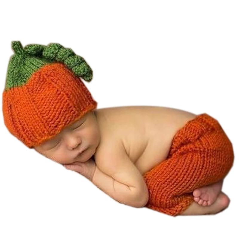 Newborn Baby Photography Outfit Set Halloween Pumpkin Costume Infant Knit Wear 2-Piece Unisex Bundle