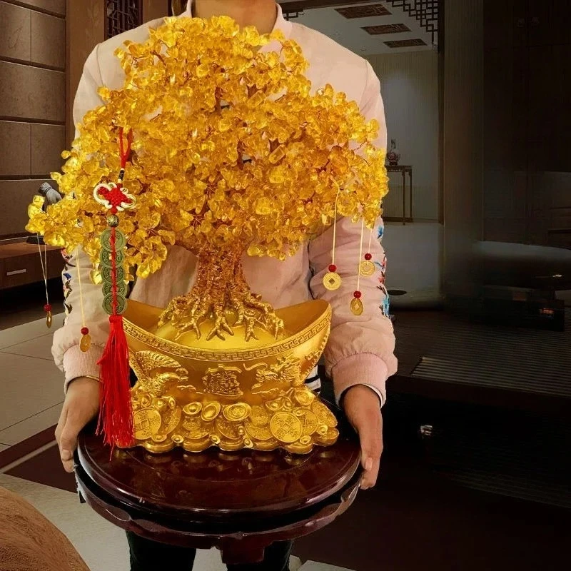 Yellow Lucky Fortune Trees Lemon Quartz Crystal Yuanbao Money Tree Wealth Luck Feng Shui Ornaments for Financial Prosperity