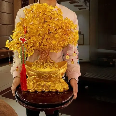 Yellow Lucky Fortune Trees Lemon Quartz Crystal Yuanbao Money Tree Wealth Luck Feng Shui Ornaments for Financial Prosperity