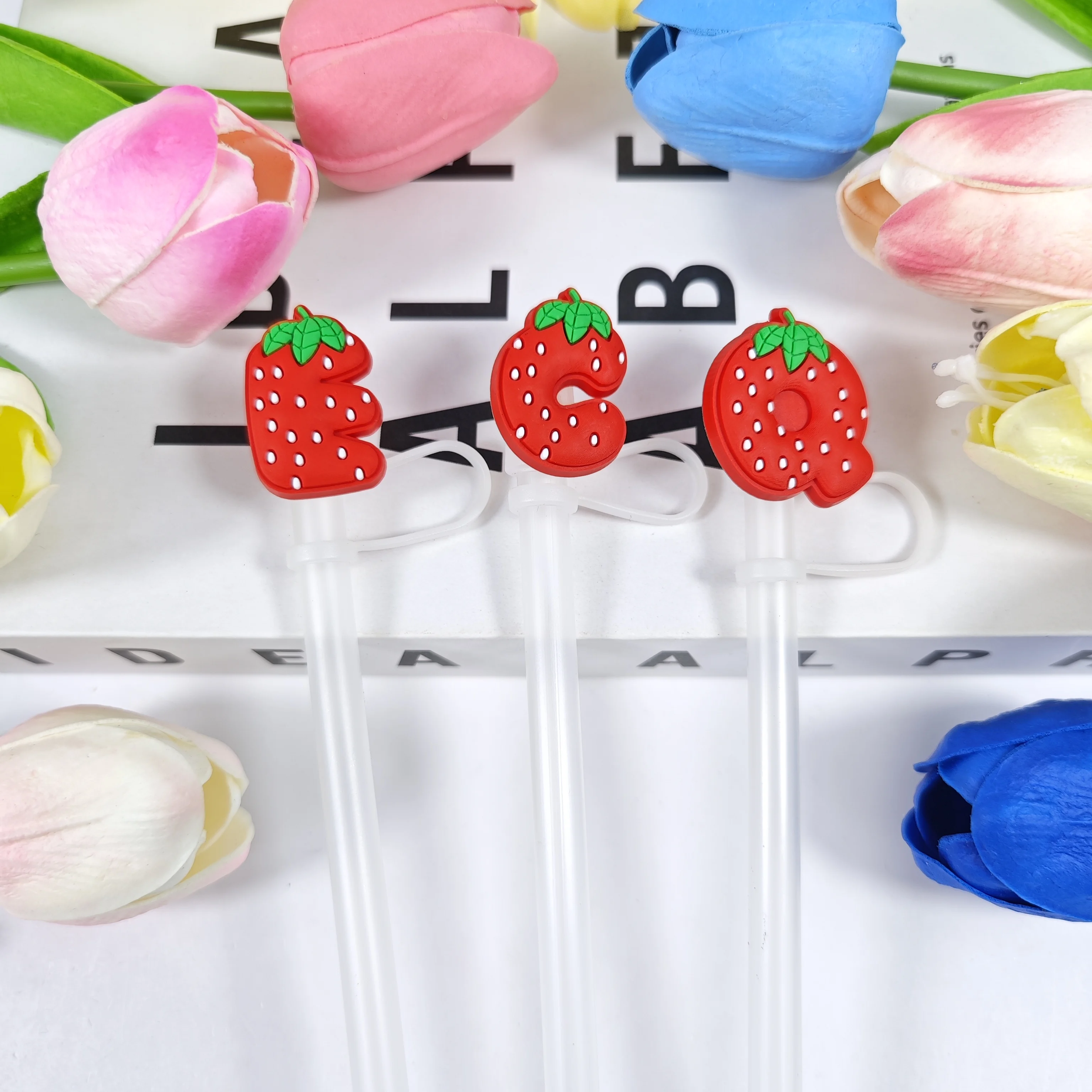 Creative Letter Strawberry Series Cartoon Soft Rubber Straw Dust Cap Detachable Straw Cover for Beverage Containers