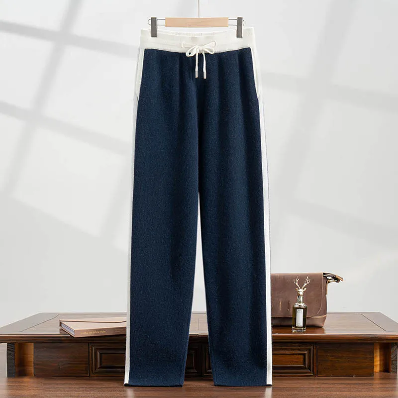2026 Upscale 100% Pure Goat Cashmere Pants Men's New Outside Thicken Casual Pants Elastic Waist Color Matching Cashmere Trousers