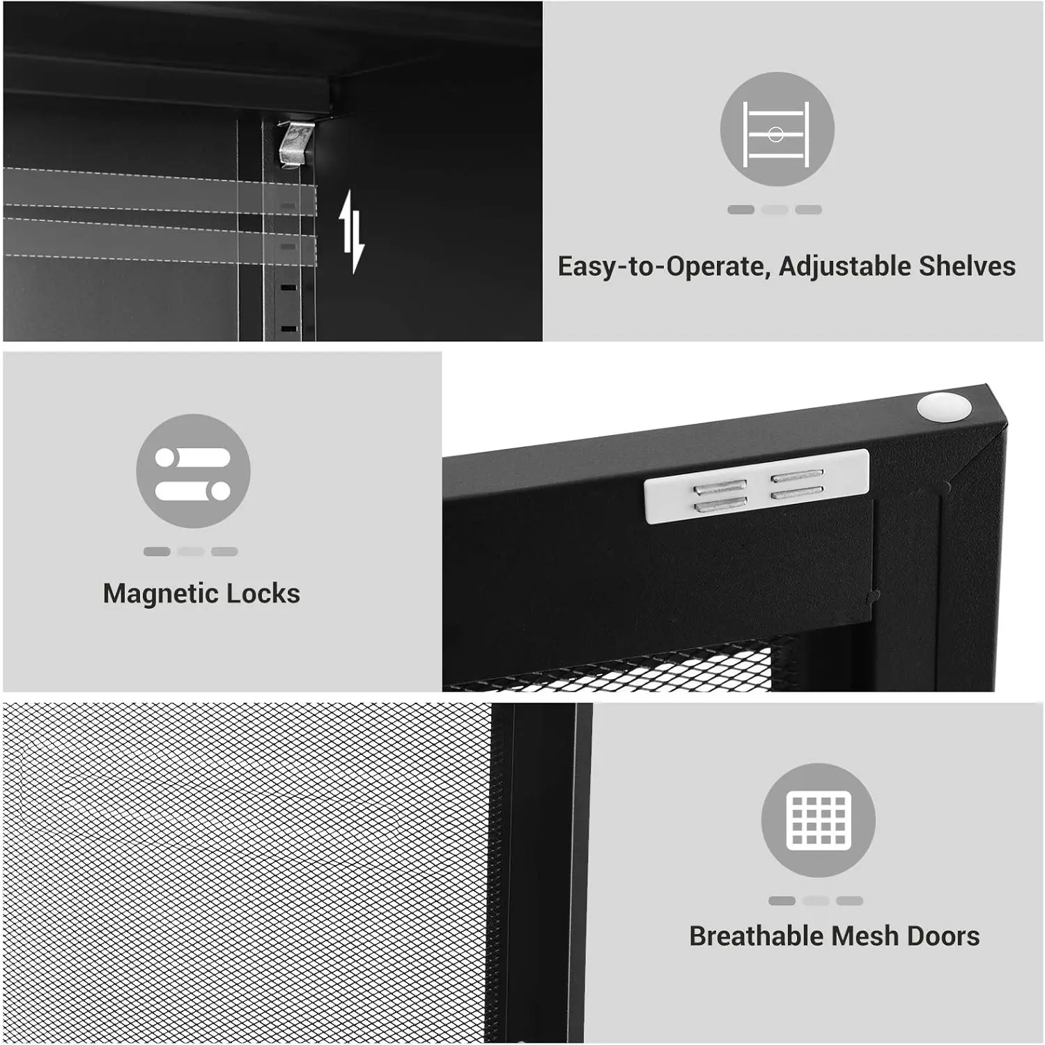 Metal Storage Cabinet with Mesh Doors, Steel Display Cabinets w/ Adjustable Shelves for Living Room Bathroom Home Office, Black