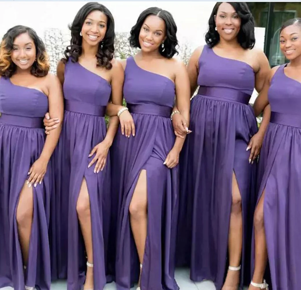 

New Purple One-Shoulder Bridesmaid Dresses A Line Floor-Length Chiffon long Plus Size Thigh-High Slits Wedding Party Events