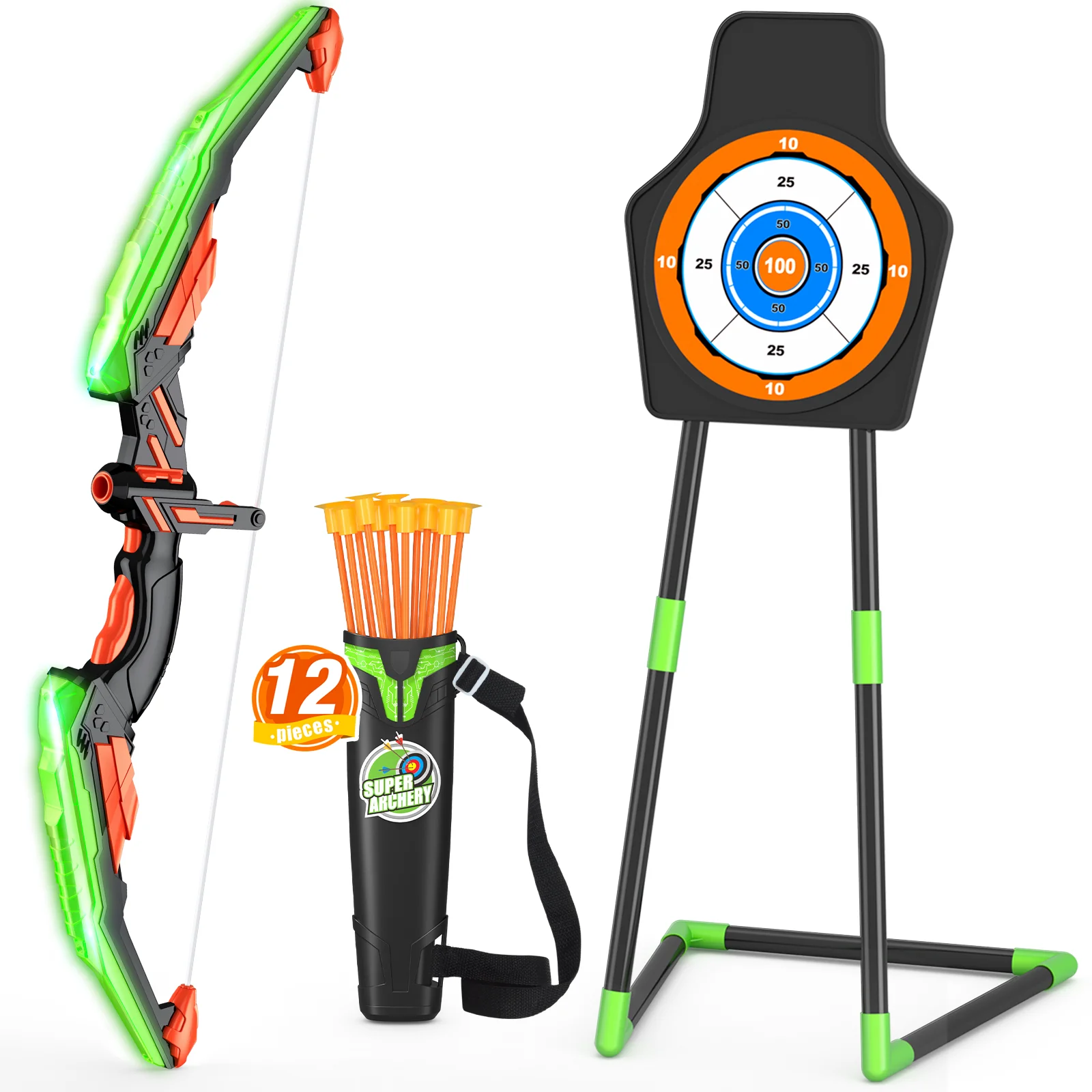 

Набор для стрельбы из лука со светодиодной подсветкой для детей, 12 стрел на присосках, для дома и улицы, подарок для мальчиков и девочек