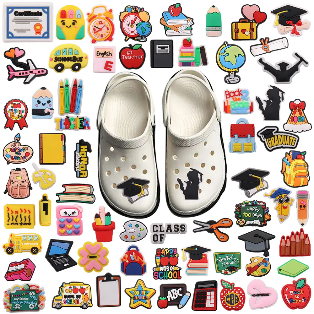 Mix 100pcs Shoe Charms Celebrate Graduate Honor Student Welcome Back To School Apple Button Accessories Fit Woman Backpack Gift