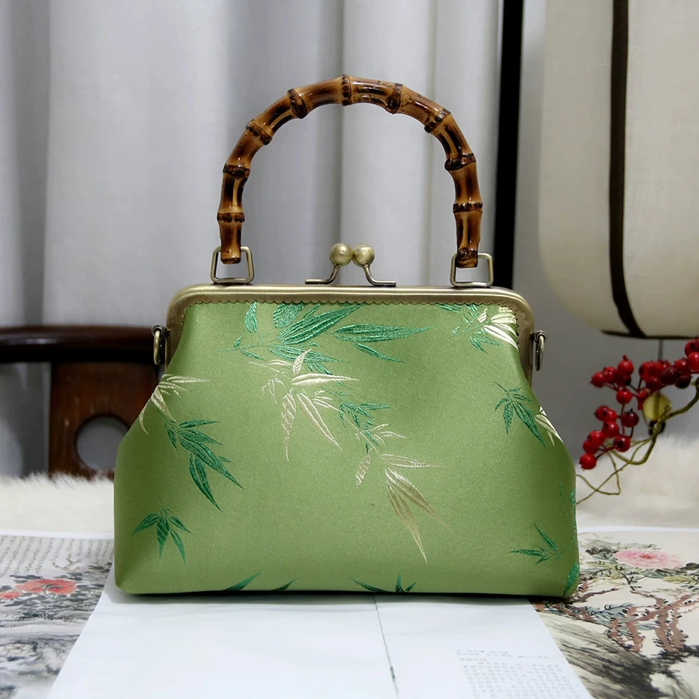 Retro Brocade Cheongsam Bag Traditional Chinese Style Bamboo Handle Bag Zen-inspired Original Design Lady Handbag