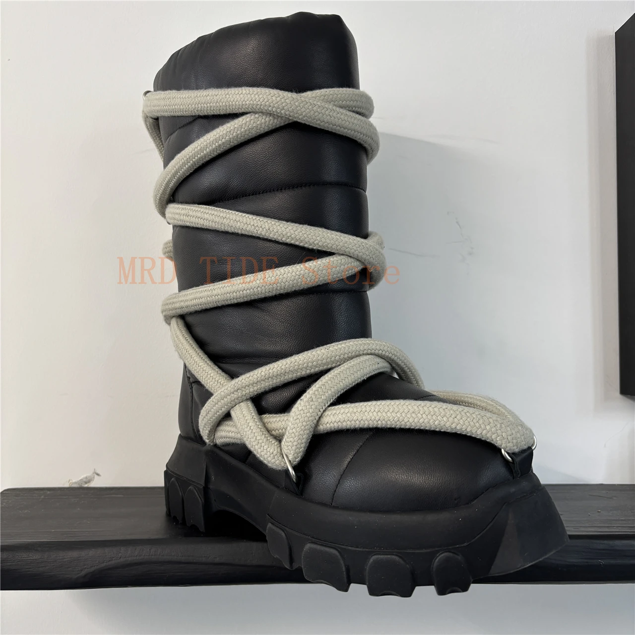Men Boots Genuine Leather Sheepkin Cross-tied Jumbo ShoeLace Warm Snow Shoes Owens Platform Increase Vintage Luxury Sneakers