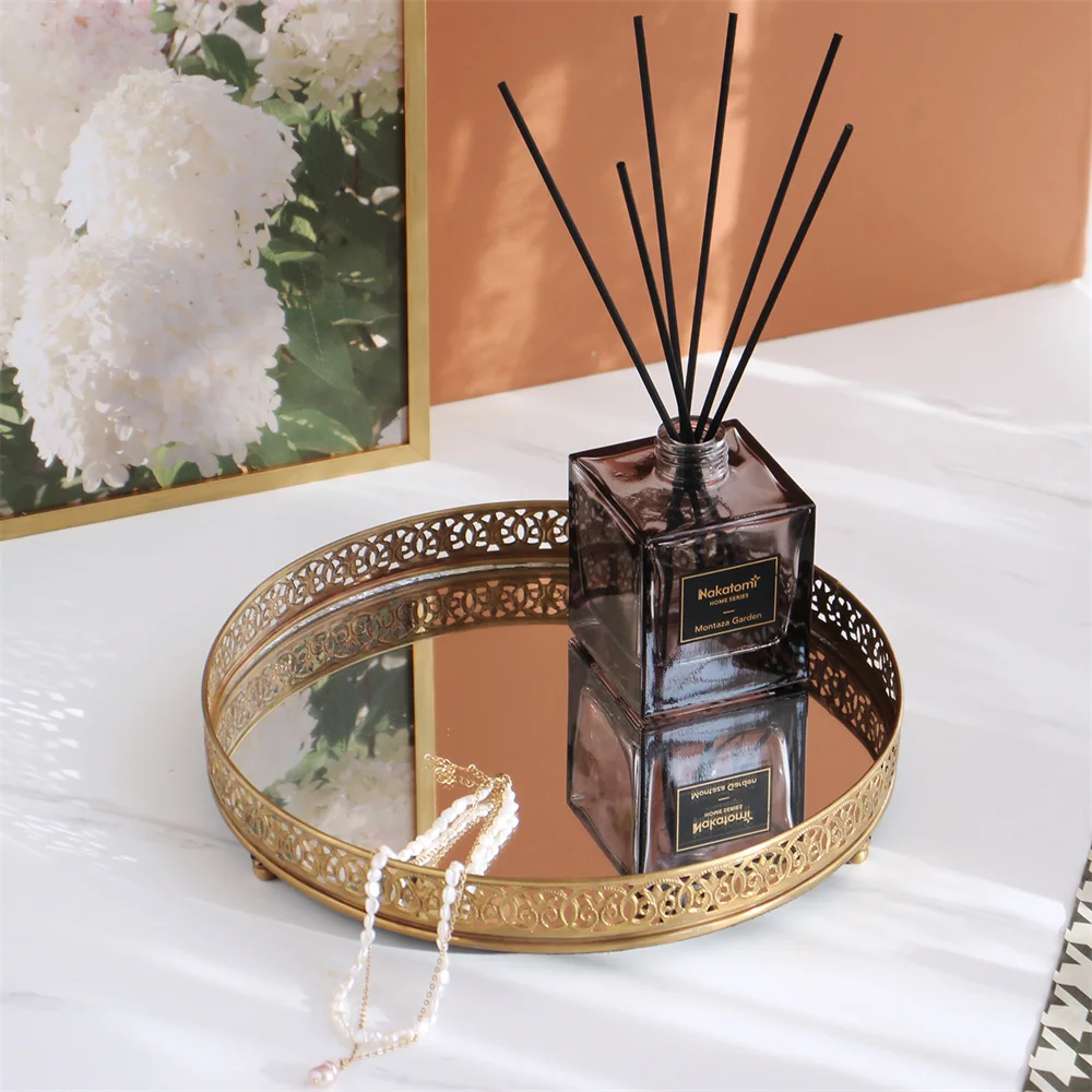 

Round Brass Tray Vanity Mirrored Glass Storage Organizer Ice Cube Jewelry Decorative Glass Serving Tray Coffee Table Bar Cart