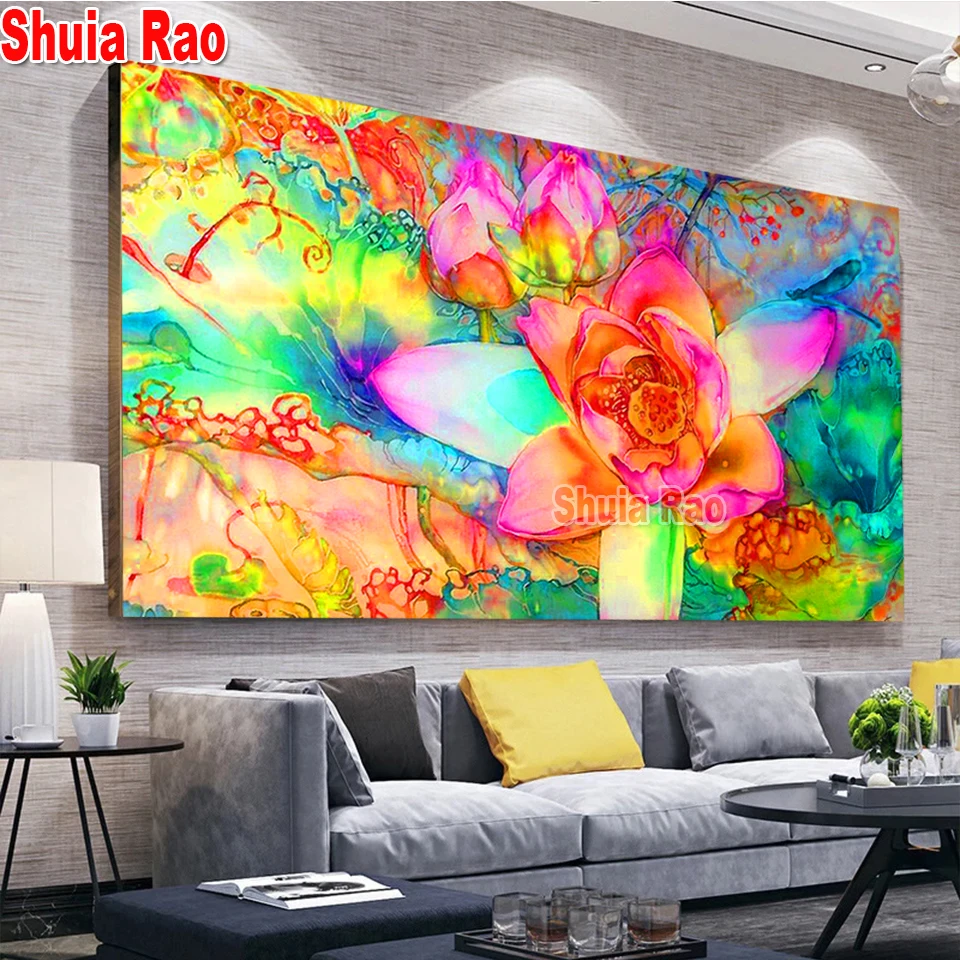 5D DIY Diamond Painting Fantasy Colorful Lotus Full Diamond Art Mosaic Cross Stitch Kits Home Decor Beautiful Flower Large Size