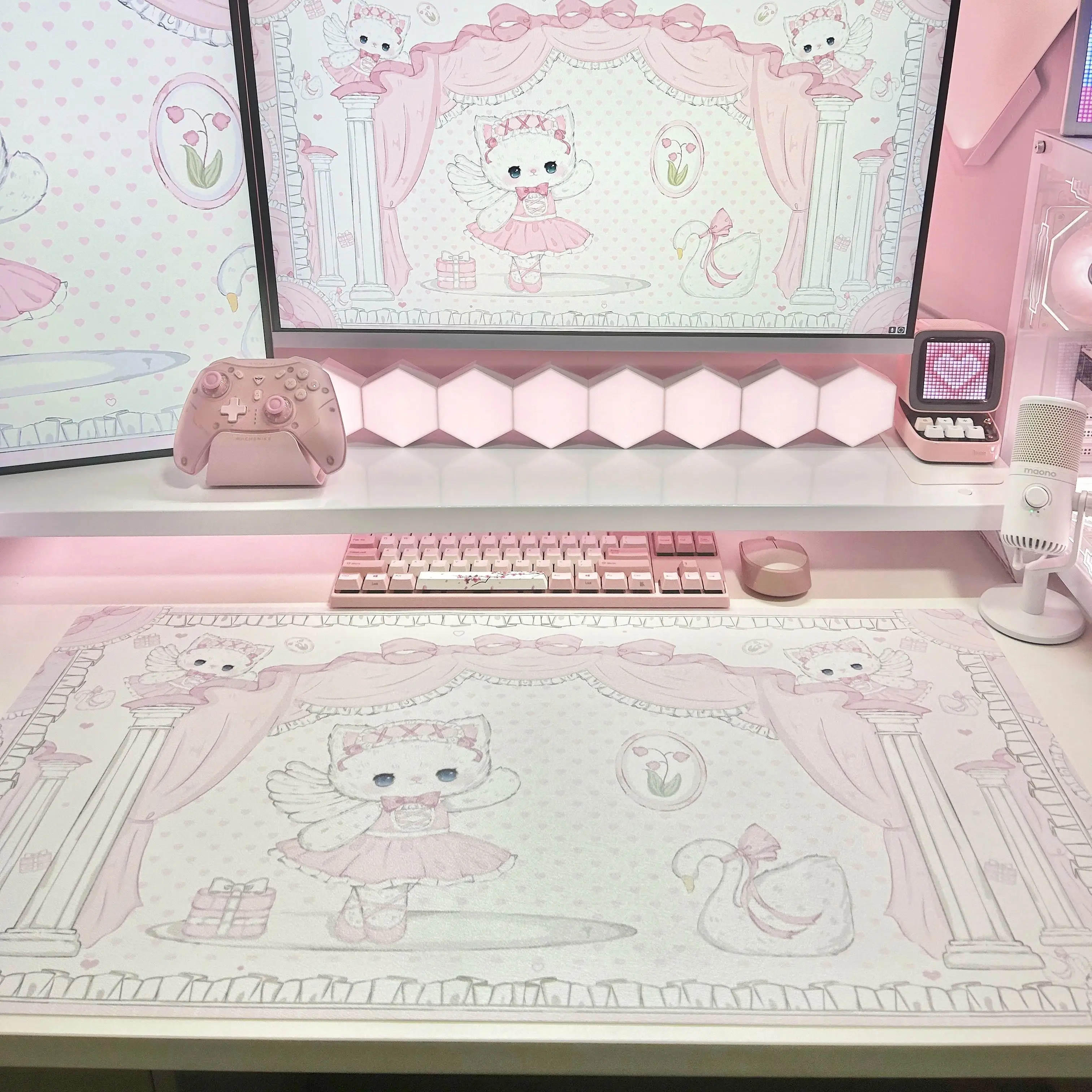 Pink Ballerina Cat Creative Design PU Leather Long Desk Mat | Non-Slip Kawaii Office Large Mouse Pad for Girls, Cute PC Decor