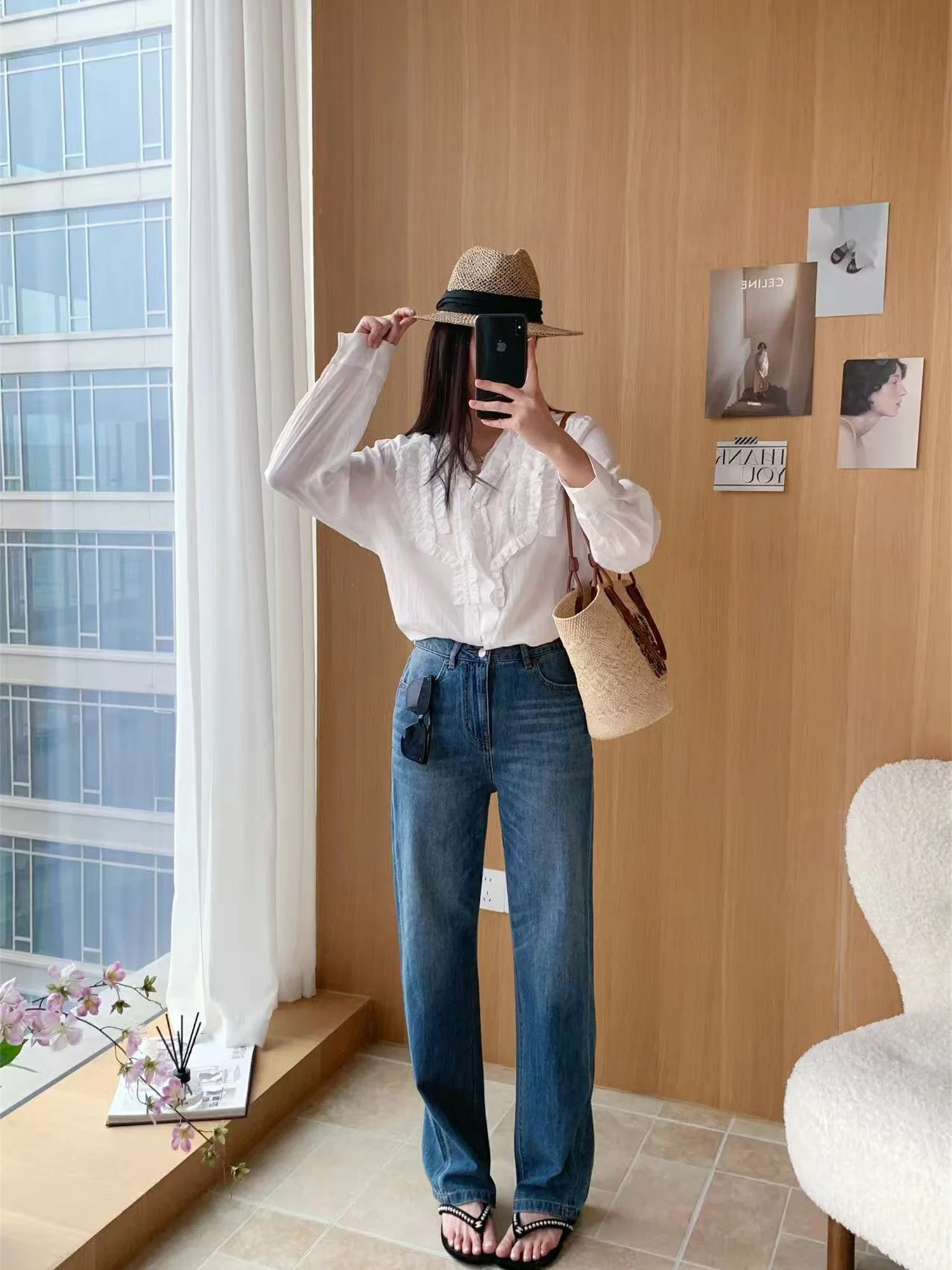 

Washed Straight Leg Thin Jeans Women's Spring Season Natural Waist Denim Pants Ruiwen Personal Collection G1
